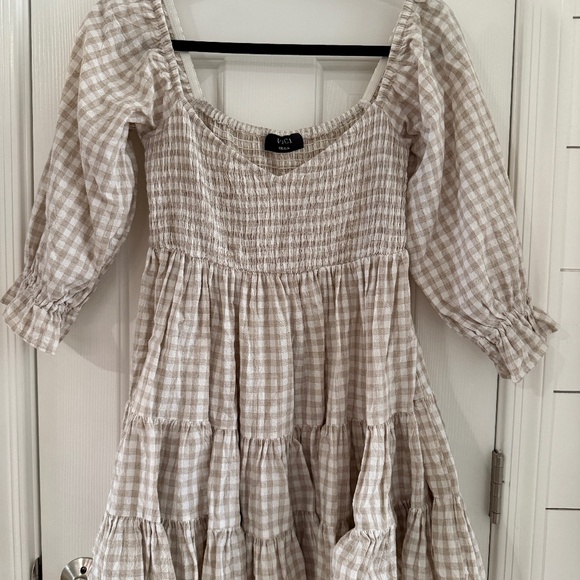 Tan Gingham Off the Shoulder Dress - Picture 1 of 3